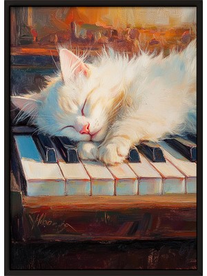 Zestia Siyah Çerçeveli Duvar Tablosu Uyuyan Kedi Illüstrasyonu Salon Dekoru