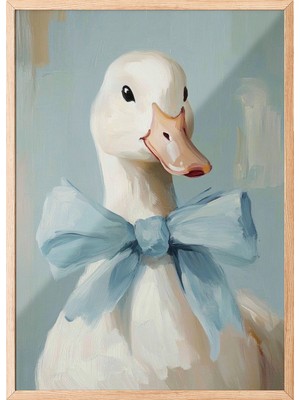 Zestia Ahşap Çerçeveli Duvar Tablosu Mavi Fiyonklu Sevimli Ördek Yağlı Boya Dokulu Çocuk Odası Dekoru