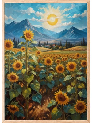 Zestia Ahşap Çerçeveli Duvar Tablosu Ayçiçeği Tarlası ve Dağ Manzarası – Sıcak Gün Işığı Salon Dekoru