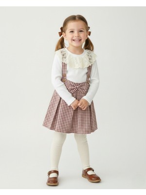 Ege Bebek Kız Çocuk Ekose Salopet Elbise Takımı – Dantelli Uzun Kollu Bluzlu, Askılı Etek Kombin (2-9 Yaş)