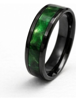 Famex Butik ve Aksesuar Erkek Siyah Çelik Yüzük – Yeşil Opal Görünümlü Orta Şeritli Modern Tasarım | Paslanmaz, Kararma Yapmaz Şık Erkek Yüzüğü