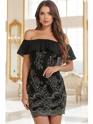 Siyah Simli Nakışlı Pileli Işlemeli Düşük Omuz Kokteyl Davet Abiye Elbise Siyah