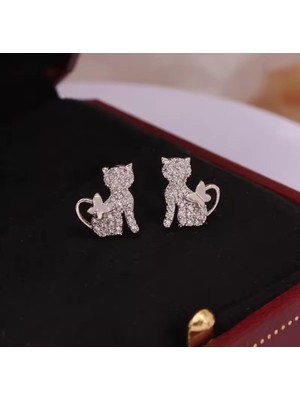 PremiumPort Kedi ve Kelebek Detaylı Zirkon Taşlı Çelik Kadın Küpe
