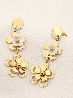 PremiumPort Şık Çelik Çift Çiçekli Uzun Sallantılı Küpe, 4,2 cm