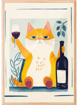 Zestia Ahşap Çerçeveli Duvar Tablosu Keyifli Kedi Mutfak Dekoru