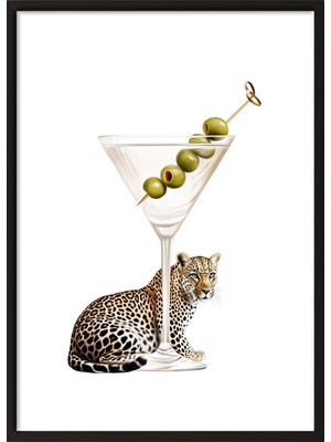 Zestia Siyah Çerçeveli Duvar Tablosu Leoparlı Martini Illüstrasyonu – Modern Beyaz Fon Salon Dekoru