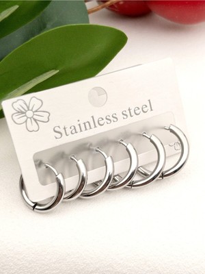 PremiumPort Şık Çelik Gümüş Renk 3 Çift Halka Takım