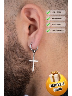 PremiumPort Şık Unisex Çelik Halka Sallantı Haç Küpe, Paslanmaz ve Kararma Yapmaz