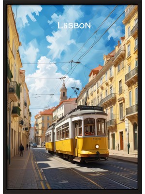 Zestia Siyah Çerçeveli Duvar Tablosu Lizbon Tramvay Manzarası – Sarı ve Mavi Tonlar Salon Dekoru