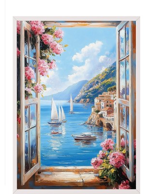 Zestia Beyaz Çerçeveli Duvar Tablosu Deniz ve Yelkenli Manzarası Salon Dekoru