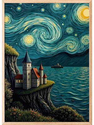 Zestia Ahşap Çerçeveli Duvar Tablosu Yıldızlı Gece ve Şato Manzarası – Dalgalı Gece Tonları Salon Dekoru