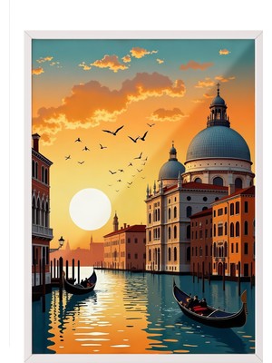 Zestia Beyaz Çerçeveli Duvar Tablosu Venedik Gün Batımı ve Gondol Manzarası Salon Dekoru