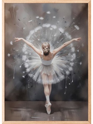 Zestia Ahşap Çerçeveli Duvar Tablosu Zarif Balerin Silueti – Uçuşan Karahindiba Detayları Salon Dekoru