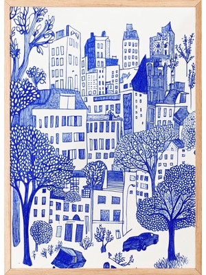 Zestia Ahşap Çerçeveli Duvar Tablosu Mavi Çizim Şehir Manzarası – Minimal Kent Dokusu Salon Dekoru