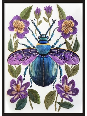 Zestia Siyah Çerçeveli Duvar Tablosu Çiçekli Böcek Nakışı Salon Dekoru