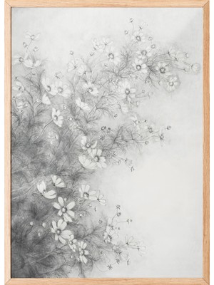 Zestia Ahşap Çerçeveli Duvar Tablosu Minimal Çiçek Eskizi – Gri Tonlar Salon Dekoru