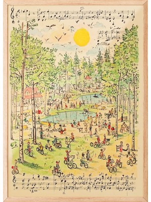 Zestia Ahşap Çerçeveli Duvar Tablosu Notalar ve Park Manzarası Çocuk Odası Dekoru