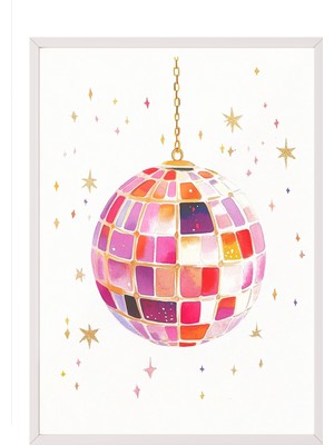 Zestia Beyaz Çerçeveli Duvar Tablosu Retro Disko Topu Genç Odası Dekoru