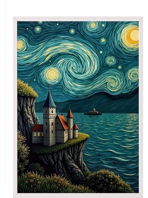 Zestia Beyaz Çerçeveli Duvar Tablosu Yıldızlı Gece ve Şato Manzarası – Dalgalı Gece Tonları Salon Dekoru