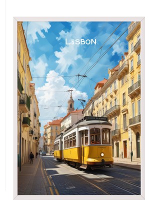 Zestia Beyaz Çerçeveli Duvar Tablosu Lizbon Tramvay Manzarası – Sarı ve Mavi Tonlar Salon Dekoru