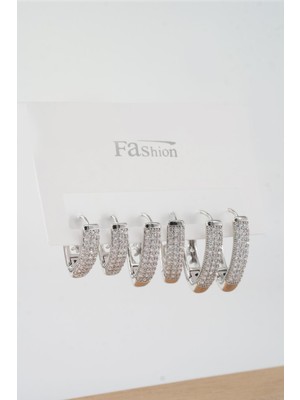 PremiumPort Şık Kadın 3 Boy Zirkon Taşlı 6'lı Küpe Seti, Zarif Takı Seçeneği