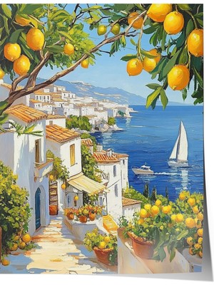Zestia Poster Akdeniz Sahili Limon Ağacı ve Deniz Manzarası Salon Dekoru