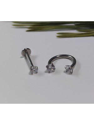 PremiumPort Zirkon Taşlı Gümüş Çelik Piercing Set, Kulak, Kıkırdak, Tragus, Helix