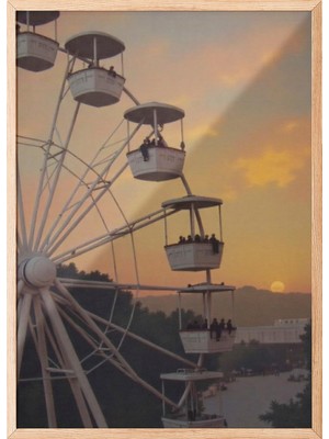 Zestia Ahşap Çerçeveli Duvar Tablosu Gün Batımında Dönme Dolap – Sıcak Turuncu Gökyüzü Salon Dekoru