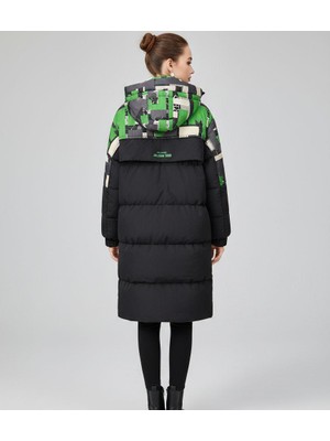 Rabiossa Kadın Ithal Grafik Baskılı Kapüşonlu Uzun Şişme Mont