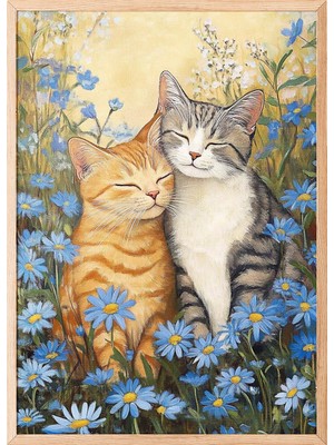 Zestia Ahşap Çerçeveli Duvar Tablosu Mutlu Kediler Bahçesi Salon Dekoru