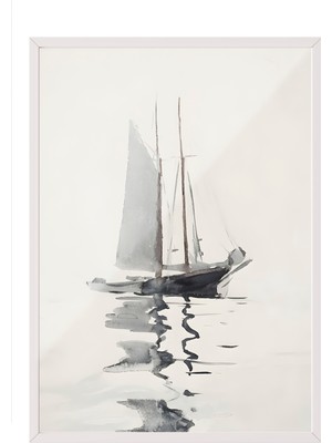 Zestia Beyaz Çerçeveli Duvar Tablosu Minimal Yelkenli – Gri Tonlar Salon Dekoru