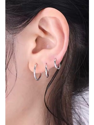 PremiumPort 3’lü Gümüş Renk Cerrahi Çelik Halka Küpe Seti, Antialerjik ve Suya Dayanıklı