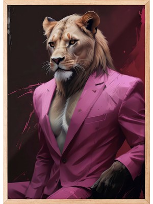 Zestia Ahşap Çerçeveli Duvar Tablosu Pembe Takımlı Aslan Portresi – Koyu Arka Plan Salon Dekoru
