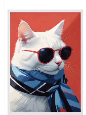Zestia Beyaz Çerçeveli Duvar Tablosu Gözlüklü Beyaz Kedi Portresi – Mavi Atkılı Modern Stil Salon Dekoru