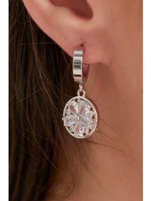 PremiumPort Şık Yuvarlak Halka Çiçek Figürlü Zirkon Taşlı Küpe