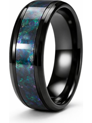 Famex Butik ve Aksesuar Erkek Siyah Çelik Yüzük – Opal Görünümlü Orta Şeritli Modern Tasarım | Paslanmaz, Kararma Yapmaz Şık Erkek Yüzüğü