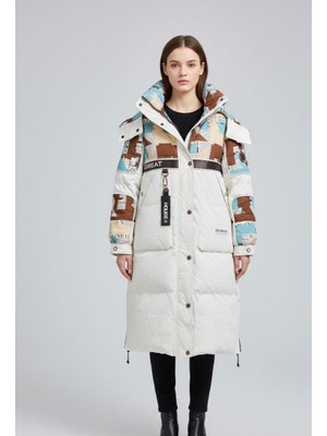 Rabiossa Kadın Ithal Grafik Baskılı Kapüşonlu Uzun Şişme Mont