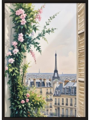 Zestia Siyah Çerçeveli Duvar Tablosu Paris Penceresi Salon Dekoru