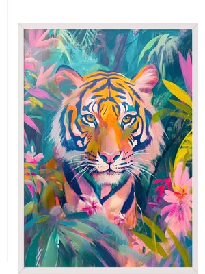 Zestia Beyaz Çerçeveli Duvar Tablosu Kaplan Bakışı Ofis Dekoru