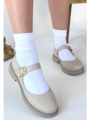 Roof Atelier Kadın Bej Bilekten Bağlamalı Loafer Ayakkabı - Yokox