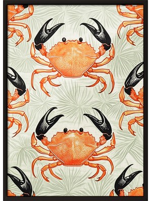 Zestia Siyah Çerçeveli Duvar Tablosu Turuncu Yengeç Deseni – Tropik Çizgi Stil Mutfak Dekoru