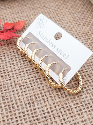 PremiumPort Şık 3 Çift Desenli Çelik Halka Küpe, 14-18 Mm, Zarif Takı Seçeneği