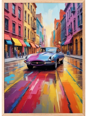 Zestia Ahşap Çerçeveli Duvar Tablosu  Şehir Sokaklarında Klasik Araba Retro Tonlar Salon Dekoru