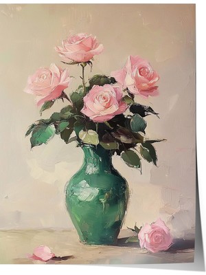 Zestia Poster Pembe Güller – Klasik Fırça Dokulu Salon Dekoru