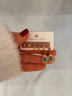 PremiumPort Şık Turkuaz Boncuklu Çelik Küpe Seti, 6'lı Paket, Zarif Takı Seçeneği