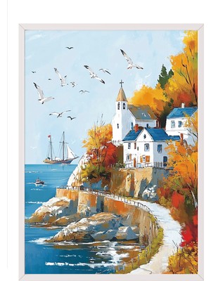 Zestia Beyaz Çerçeveli Duvar Tablosu Kıyı Kasabası Salon Dekoru