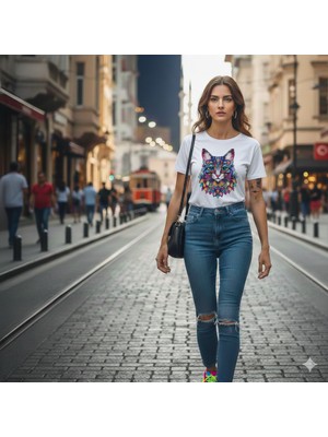 Texrium Renkli Kedi Dtf Baskılı Kadın Reguler Kalıp %100 Pamuk T-Shırt
