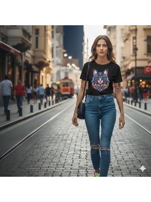 Texrium Renkli Kedi Dtf Baskılı Kadın Reguler Kalıp %100 Pamuk T-Shırt