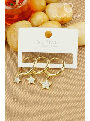 PremiumPort Parlak Zirkon Taşlı 3lü Yıldız Model Halka Küpe, 1,5 Cm, Şık Takı