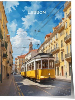 Zestia Poster Lizbon Tramvay Manzarası – Sarı ve Mavi Tonlar Salon Dekoru